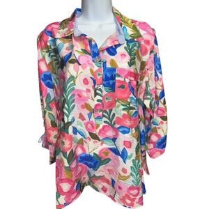 John Mark PXL Popular Pink Blue Floral Crepe 1/2 Button Up 3/4 Sleeves Petite XL